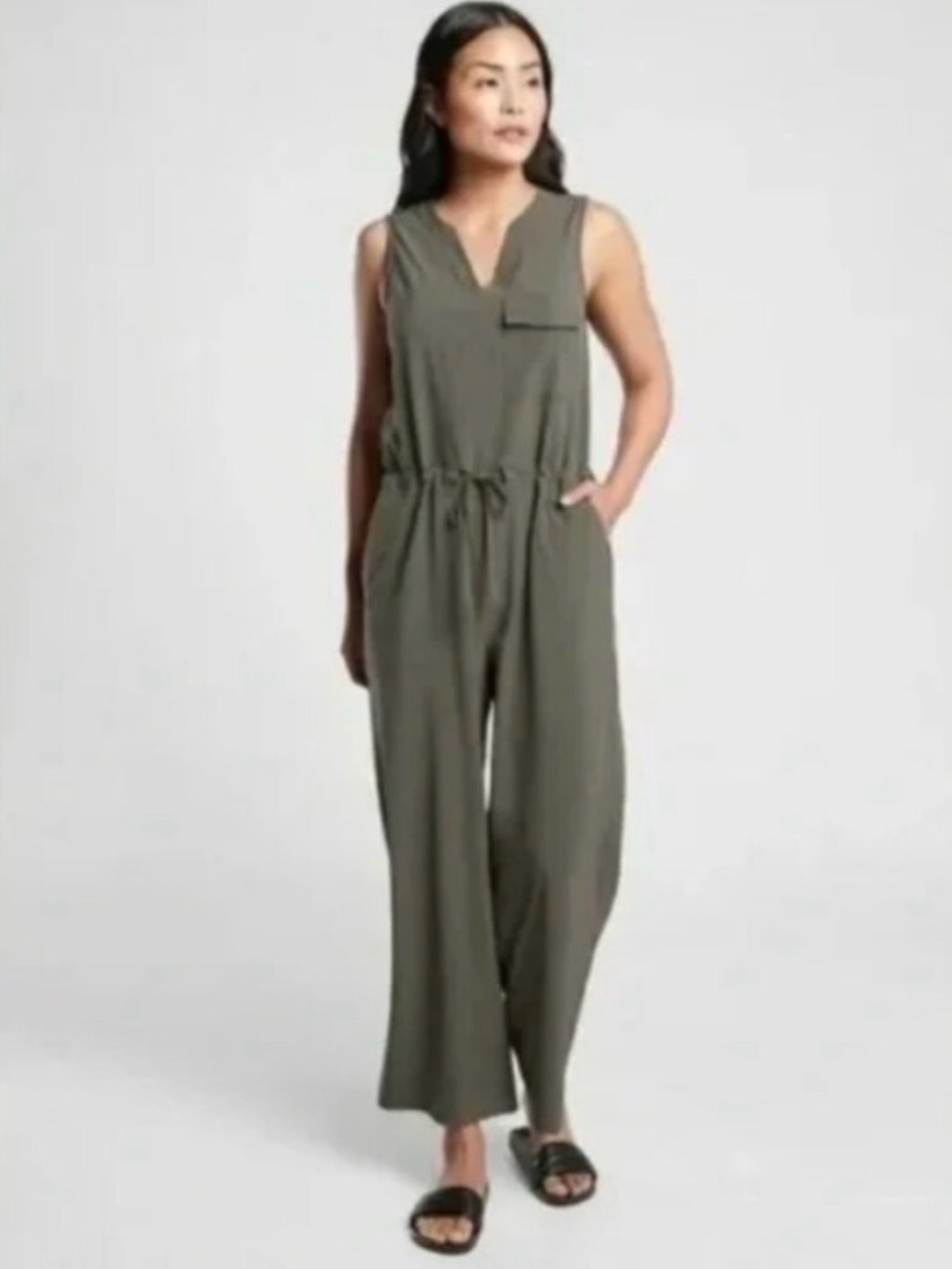 Athleta Olive Green Topanga V-Neck Drawstring Jumpsuit | Size XXS